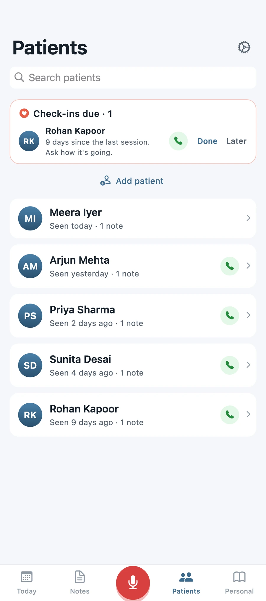 Patients list with a check-in due card and call buttons