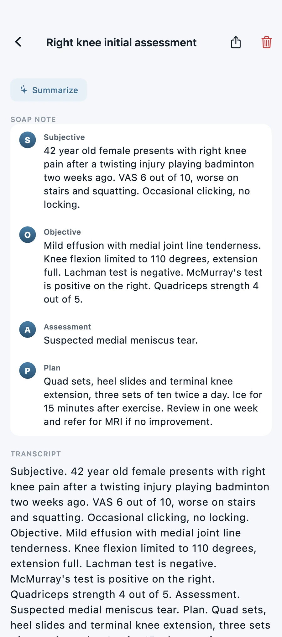 A SOAP note split into Subjective, Objective, Assessment and Plan sections