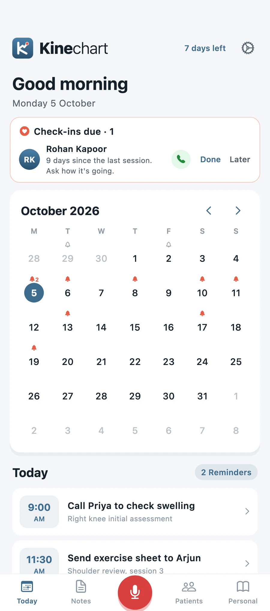 Today screen with a check-in card, a calendar with reminder bells and the reminders due today