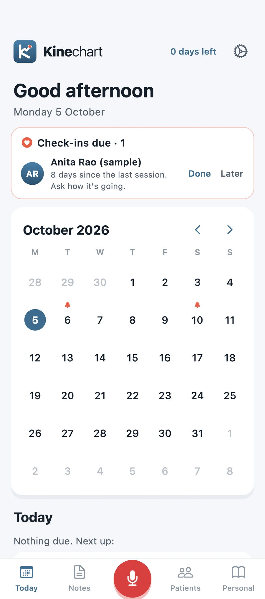 Kinechart Today screen with a patient check-in card and a monthly calendar of reminders